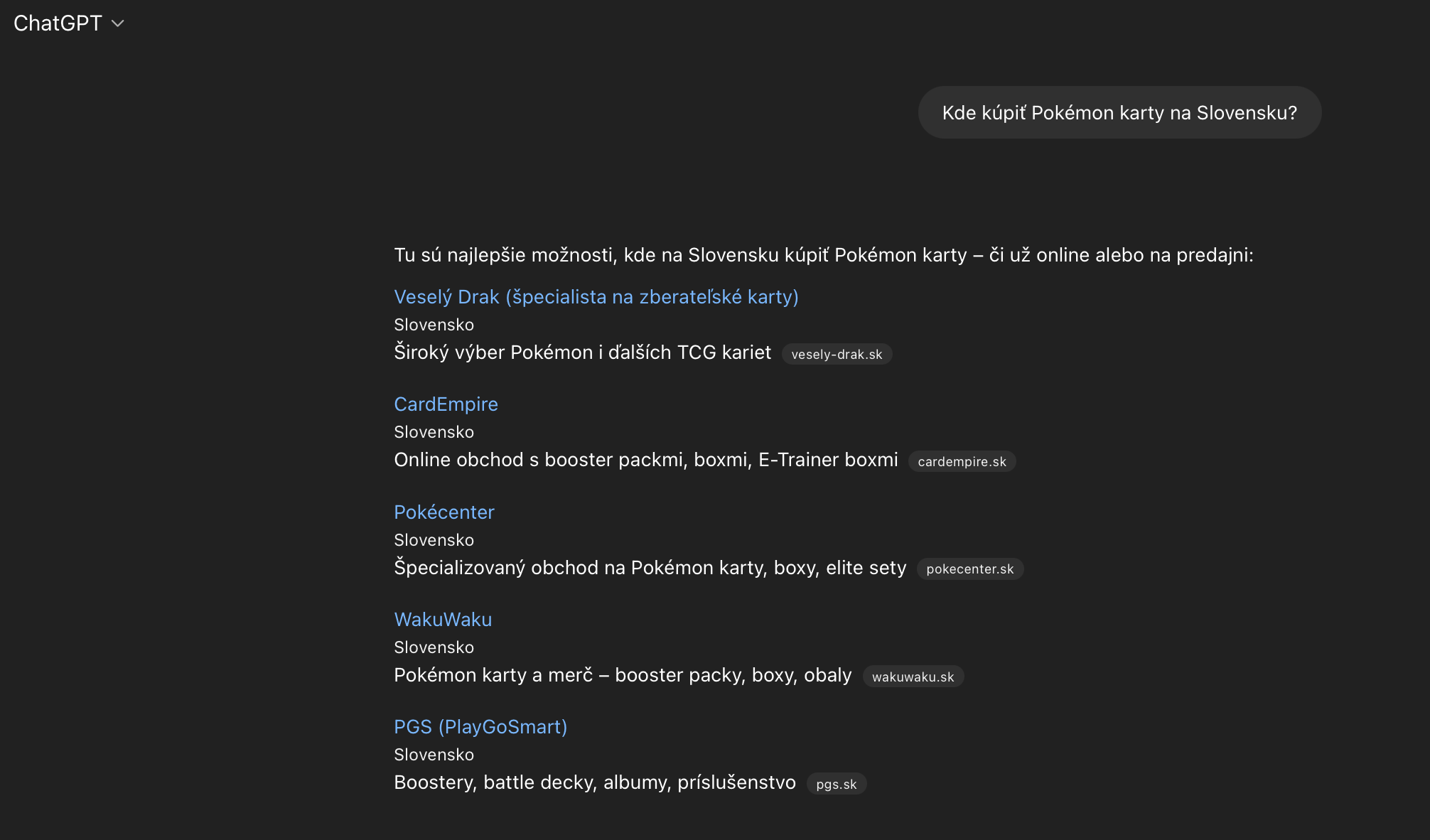 ChatGPT odpoveď jún 2025 — Kde kúpiť Pokémon karty na Slovensku, CardEmpire na pozícii 2